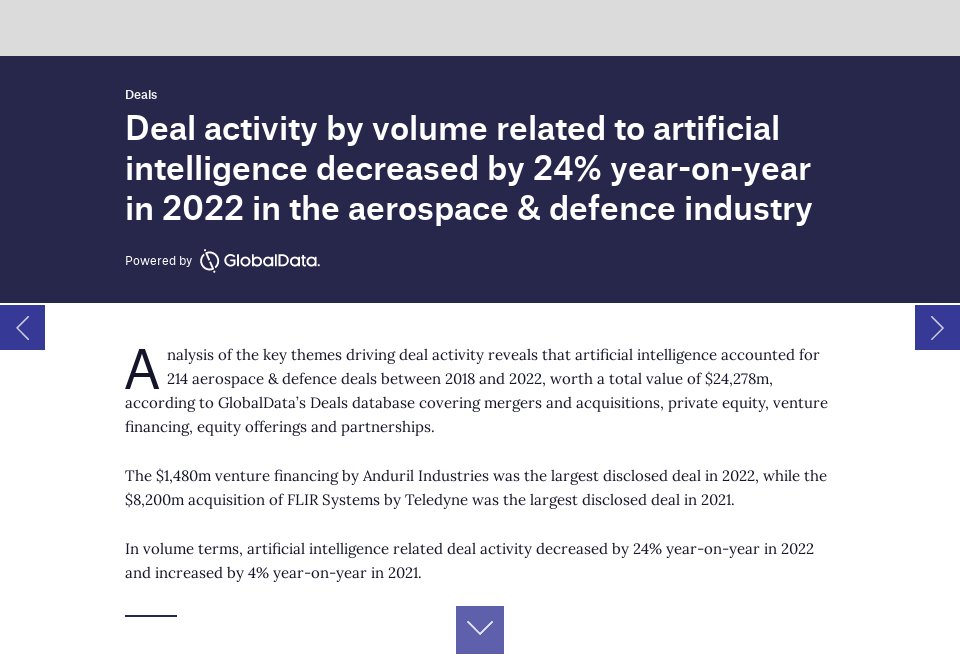 Deal activity related to artificial intelligence in the aerospace ...
