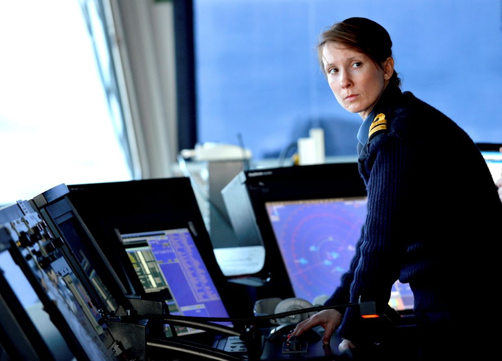 A Royal Navy officer is picture on the bridge of Type 45 destroyer HMS Diamond.