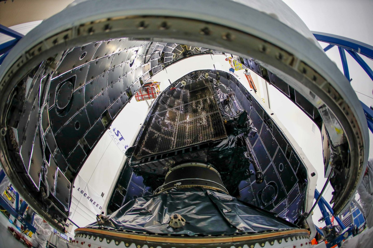 GPS III SV01 encapsulated in its launch fairings for launch